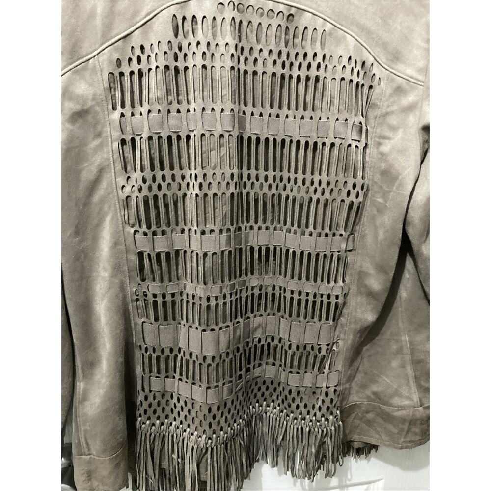 Chico’s Faux Suede Fringe Open Front Jacket Top Taupe Size 1 (M-8) Boho Western - Picture 7 of 9